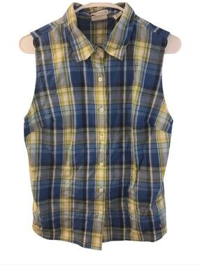 Sleeveless Plaid Button-Down Shirt in Blue & Yellow